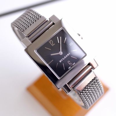 BVLGARI ブルガリ クアドラード SQ27SLD スクエア SS デイト 黒文字盤 エルミブレス 純正尾錠付属 レディース クォーツ 腕時計 OH済1年保証